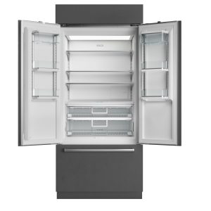 Modern, stainless steel French door refrigerator with both doors and bottom freezer drawer open, showing empty shelves, door bins, and two clear crisper drawers inside—ideal for homes needing BEST appliance service.