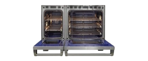 Front view of a double wall oven with both doors open, showing multiple racks inside each compartment—ideal for homes that trust BEST appliance service for reliable maintenance.