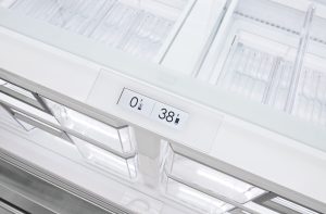 Digital display on a refrigerator shows freezer temperature as 0°F and refrigerator temperature as 38°F—ideal conditions maintained with Wolf appliance service.