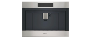 A built-in stainless steel and black Wolf coffee maker with a digital display and central dispenser, easily maintained with reliable Wolf appliance service.
