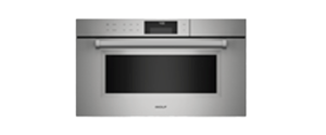 A stainless steel wall oven with a digital control panel and a large horizontal handle, ideal for pairing with Wolf appliance service for reliable maintenance and care.
