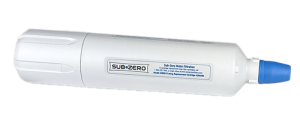A white Sub-Zero inline water filter with a blue cap, shown on a plain light background—an essential component for premium water quality in Sub-Zero appliance service and luxury kitchen appliance service.