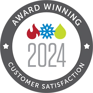 A circular badge with "Award Winning Customer Satisfaction 2024" text, icons of a flame, snowflake, and water drop in the center—highlighting excellence in luxury appliance repair.