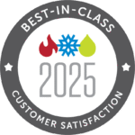A circular badge reads “Best-in-Class Customer Satisfaction 2025” with fire, snowflake, and water drop icons in the center.