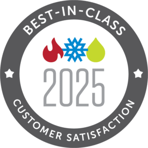 A circular badge reads “Best-in-Class Customer Satisfaction 2025” with fire, snowflake, and water drop icons in the center.