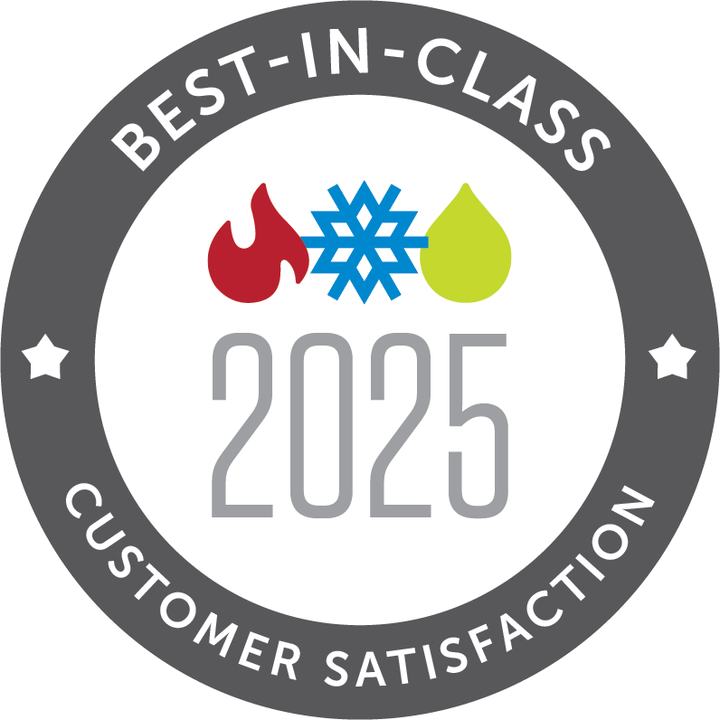 A circular badge reads “Best-in-Class Customer Satisfaction 2025” with fire, snowflake, and water drop icons in the center.