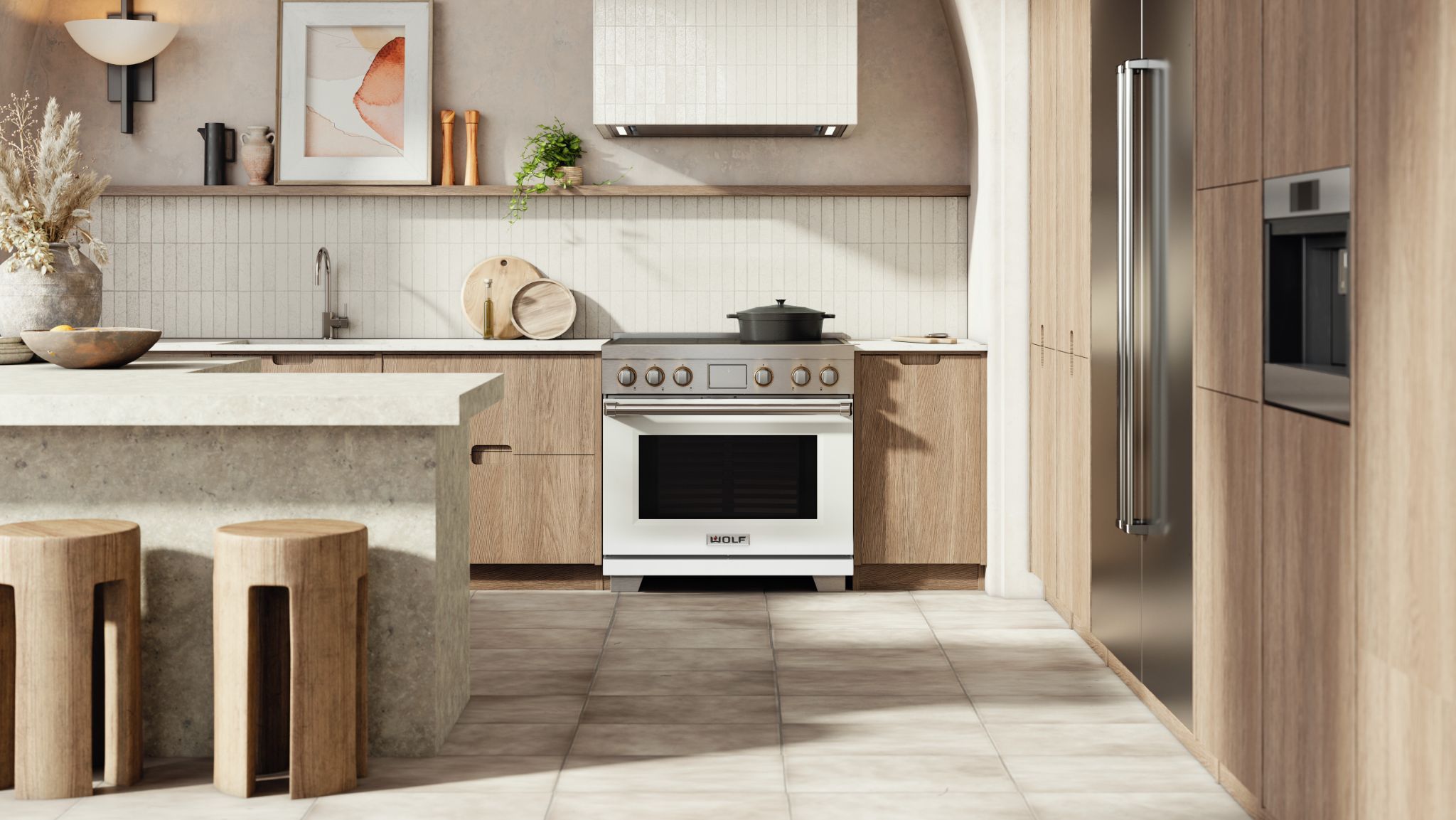 Modern kitchen with light wood cabinets, a stainless steel oven, marble island with stools, built-in refrigerator, and minimalist decor—perfect for learning how to clean the filter on a Cove dishwasher in style.