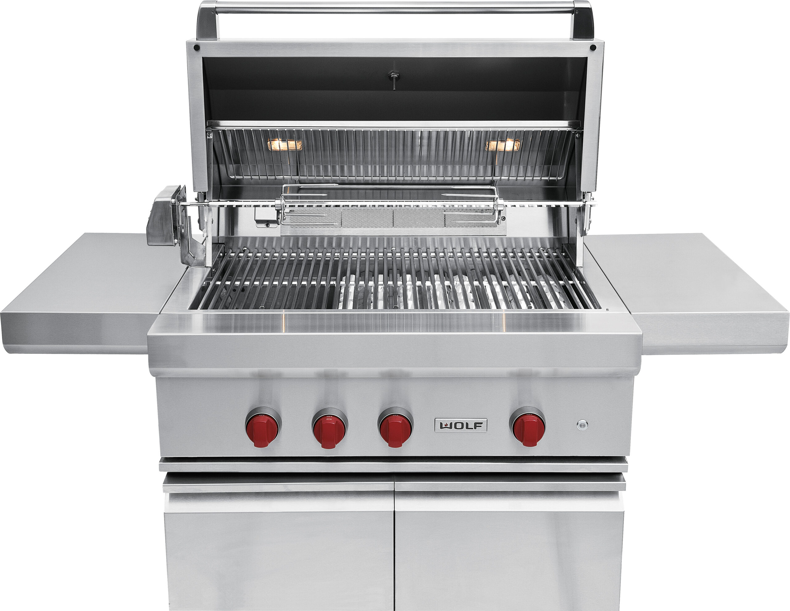 Large stainless steel outdoor grill with four red control knobs, open lid, side shelves, and interior lights, shown on a white background.
